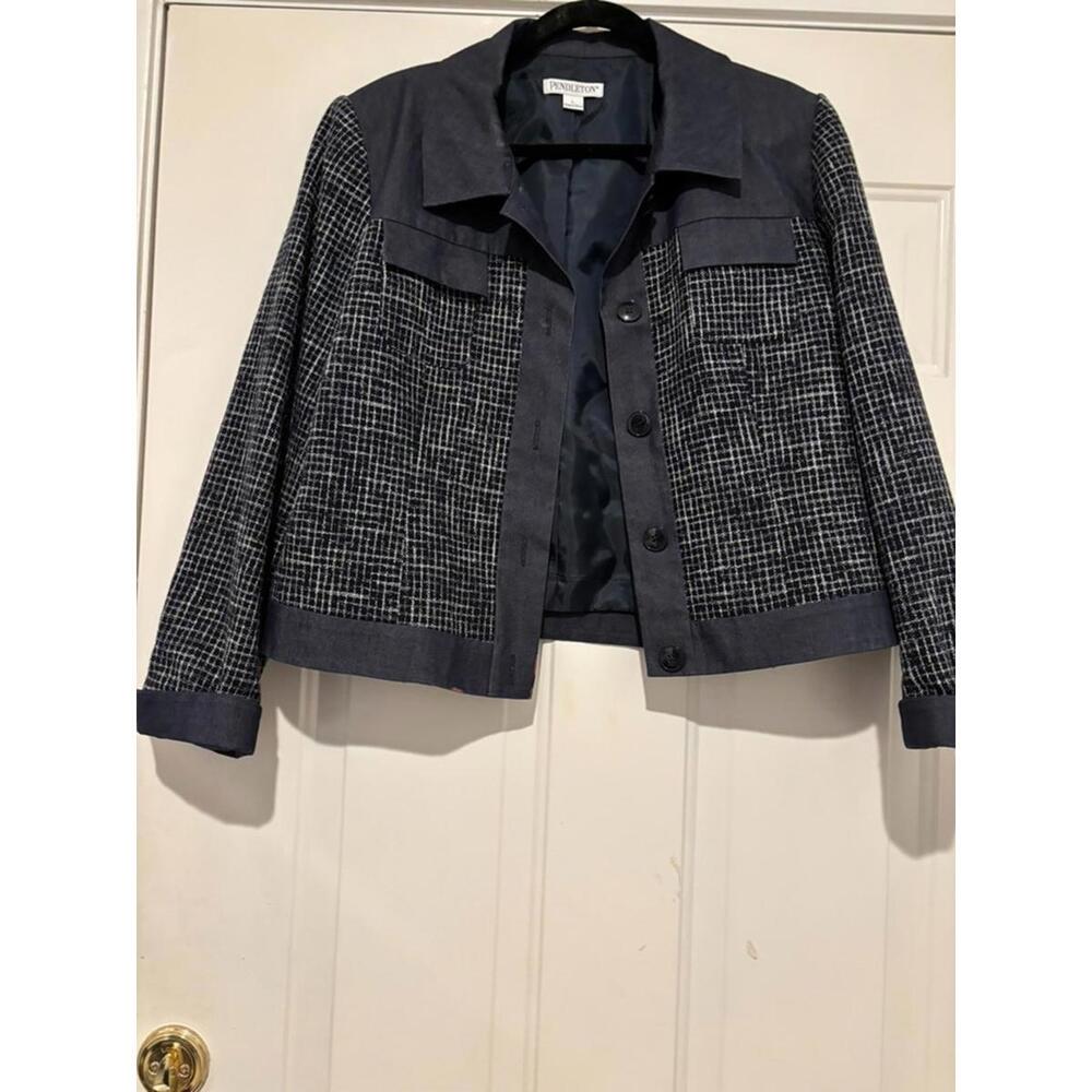 Women's Pendleton blue check wool blend jacket sz L #1407 DISCOLORATION ON HEM